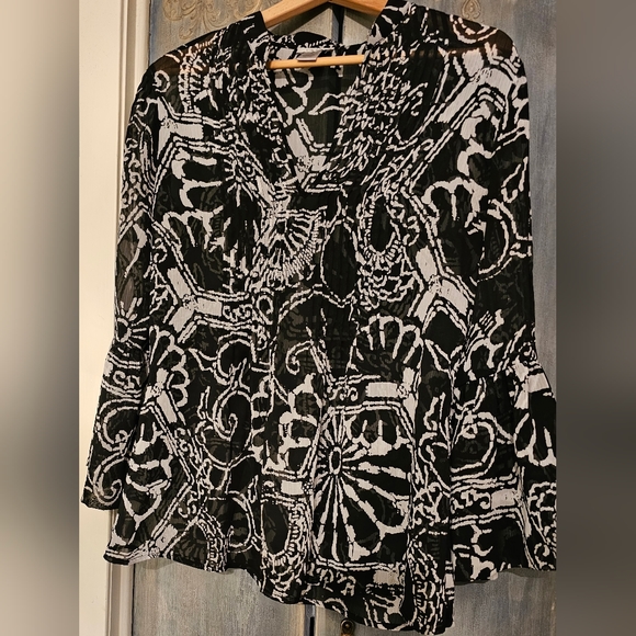 Vintage 90s Cache Sheer Blouse S Black White Pintuck V Neck Pullover - Picture 2 of 11